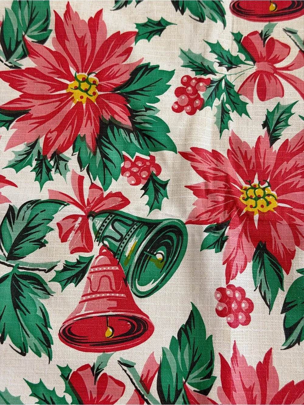 Vintage 1960s vinyl flannel back Christmas tablecloth rectangle 65x51” retro MCM